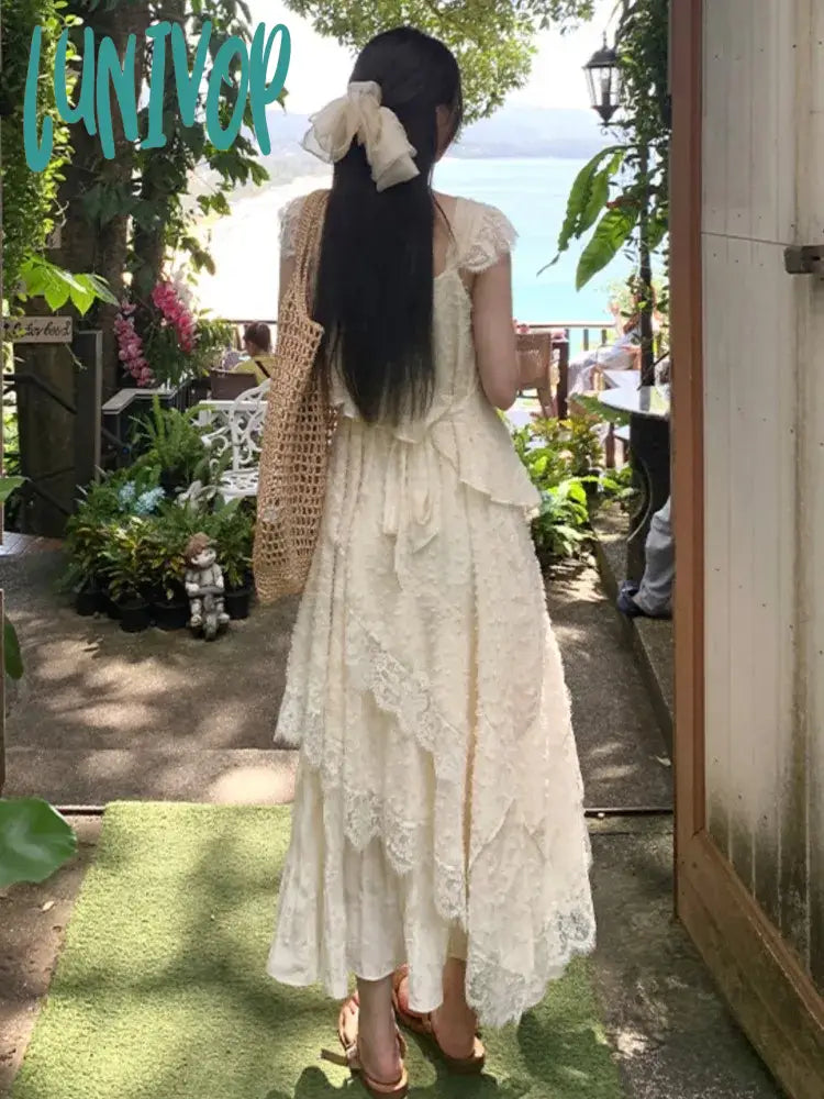 Lunivop Korean Elegant Lace Midi Dress Women Casual 2024 Spring Summer New A-Line Ruffles Holiday