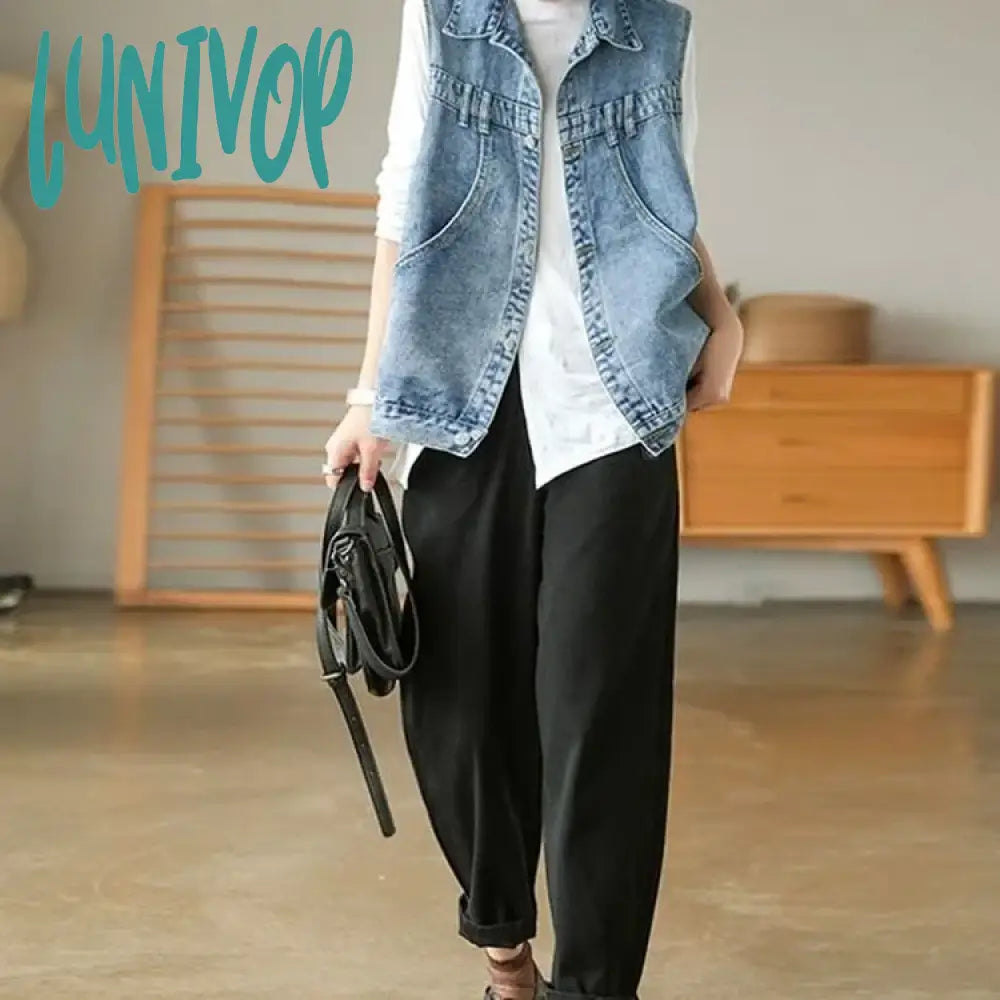 Lunivop Korean Fashion Denim Vests Women Vintage Retro Casual Waistcoat Streetwear Big Pockets Coat