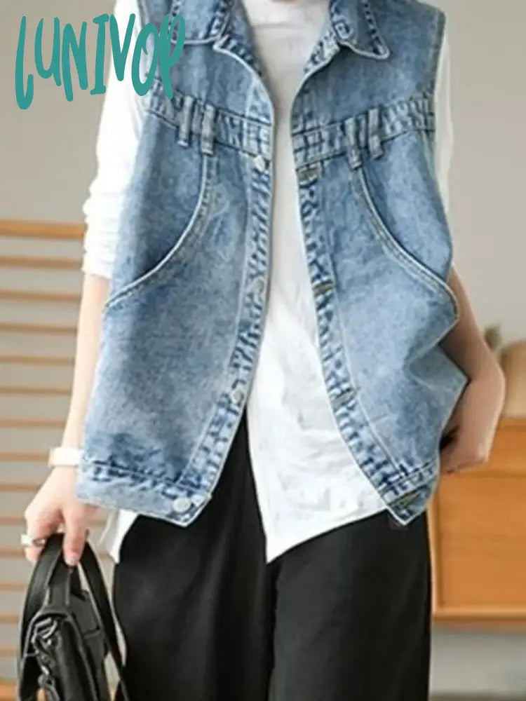 Lunivop Korean Fashion Denim Vests Women Vintage Retro Casual Waistcoat Streetwear Big Pockets Coat