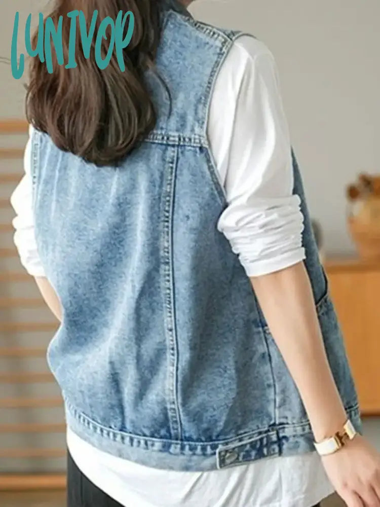 Lunivop Korean Fashion Denim Vests Women Vintage Retro Casual Waistcoat Streetwear Big Pockets Coat