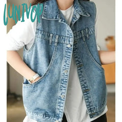 Lunivop Korean Fashion Denim Vests Women Vintage Retro Casual Waistcoat Streetwear Big Pockets Coat