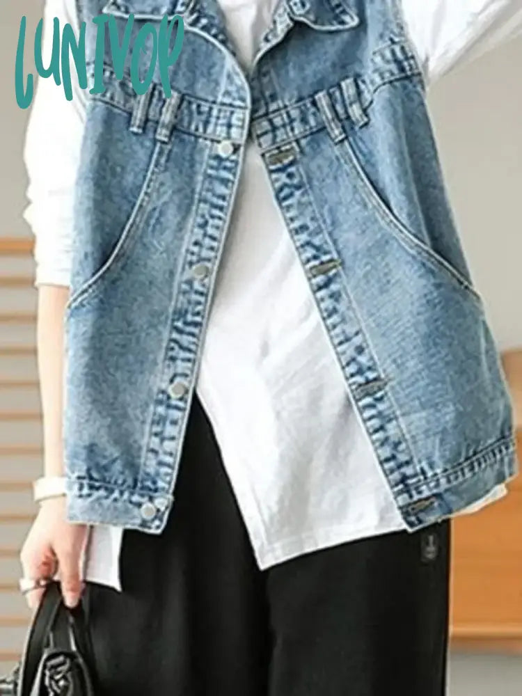 Lunivop Korean Fashion Denim Vests Women Vintage Retro Casual Waistcoat Streetwear Big Pockets Coat