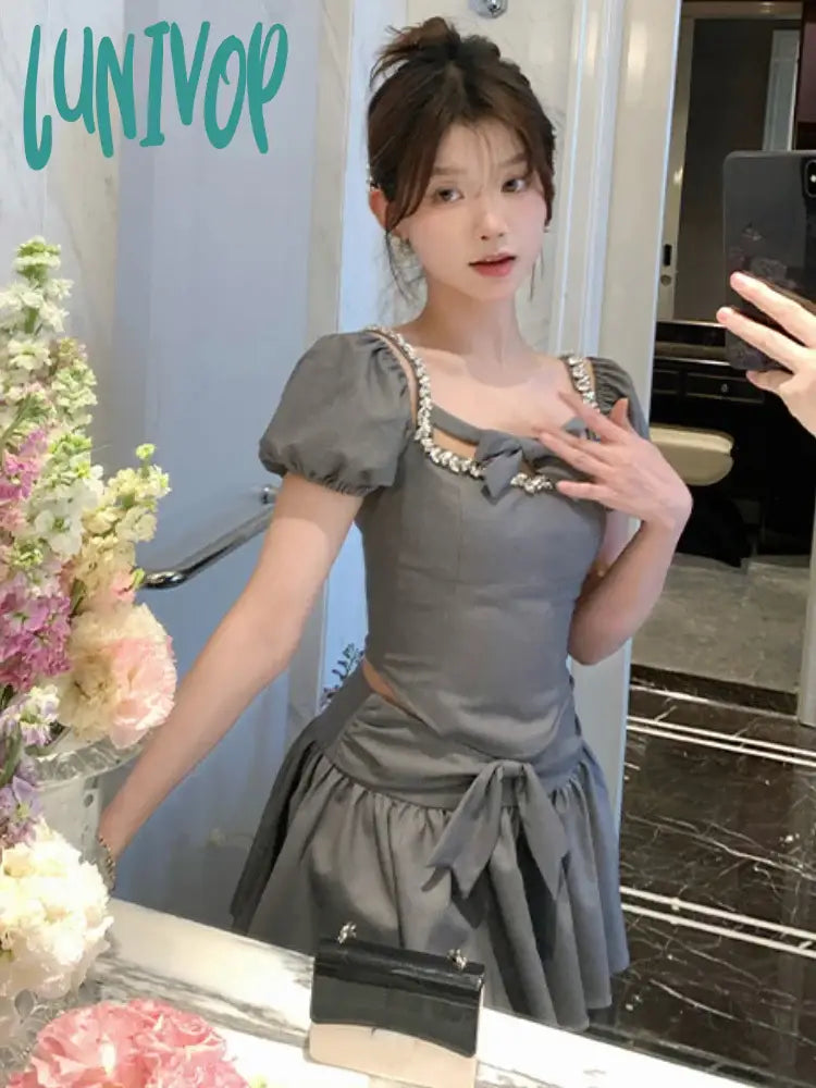 Lunivop Korean Fashion Kawaii Two Piece Set Women Vintage Elegant Party Mini Skirt Female Bow