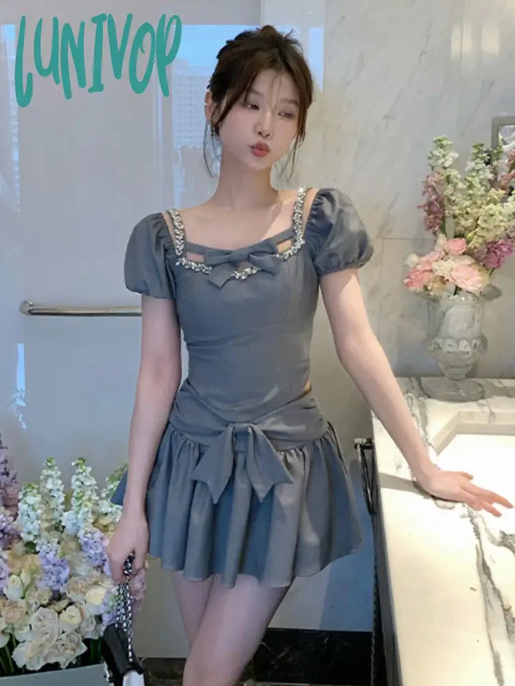 Lunivop Korean Fashion Kawaii Two Piece Set Women Vintage Elegant Party Mini Skirt Female Bow