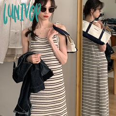 Lunivop Korean Fashion Knitted Dress Women Summer O-Neck Sleeveless Striped Maxi Staight Sweater