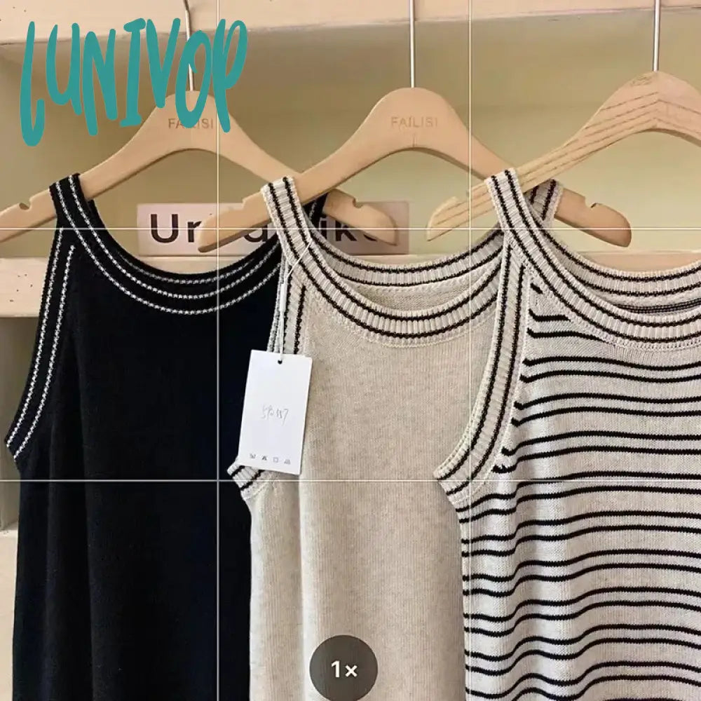 Lunivop Korean Fashion Knitted Dress Women Summer O-Neck Sleeveless Striped Maxi Staight Sweater