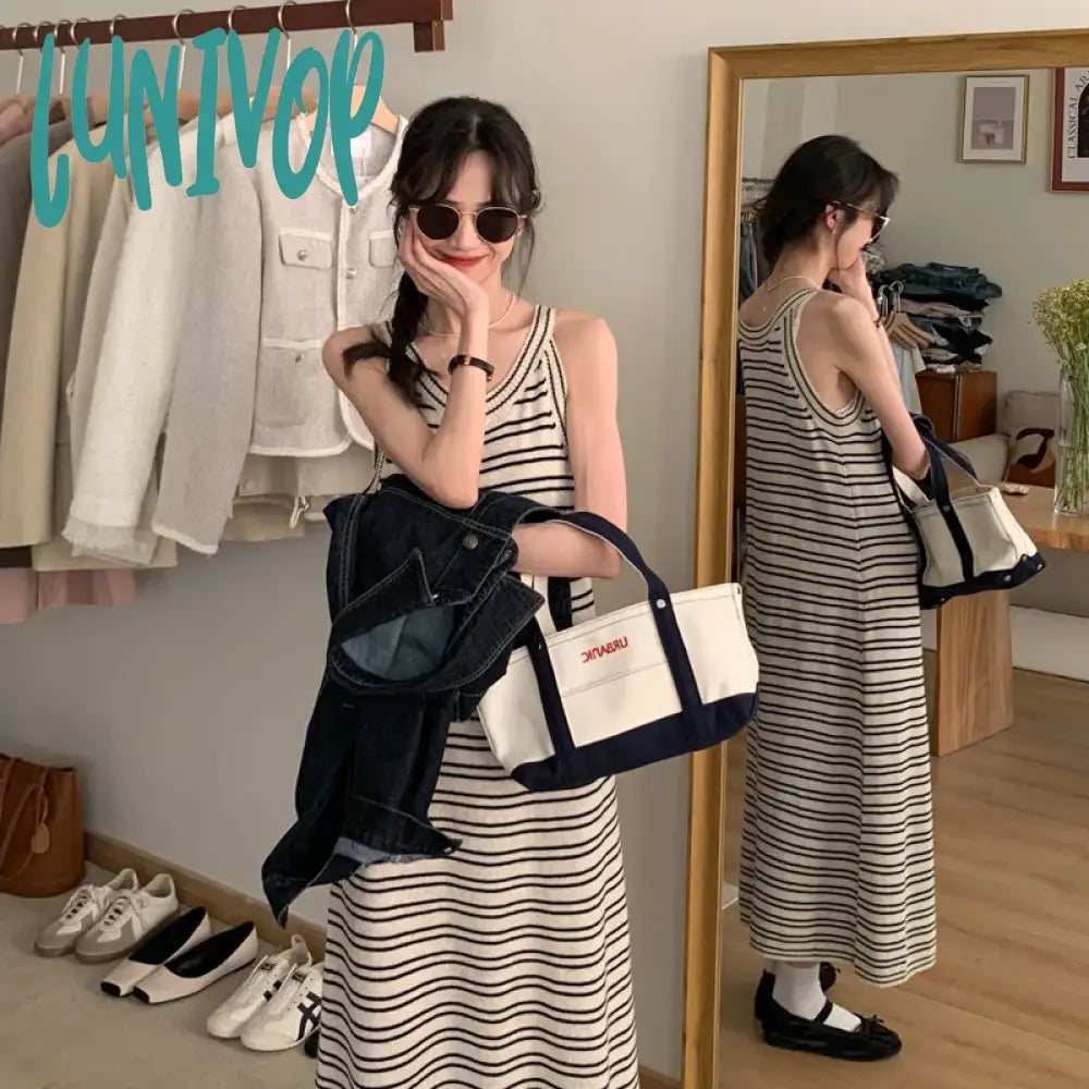 Lunivop Korean Fashion Knitted Dress Women Summer O-Neck Sleeveless Striped Maxi Staight Sweater