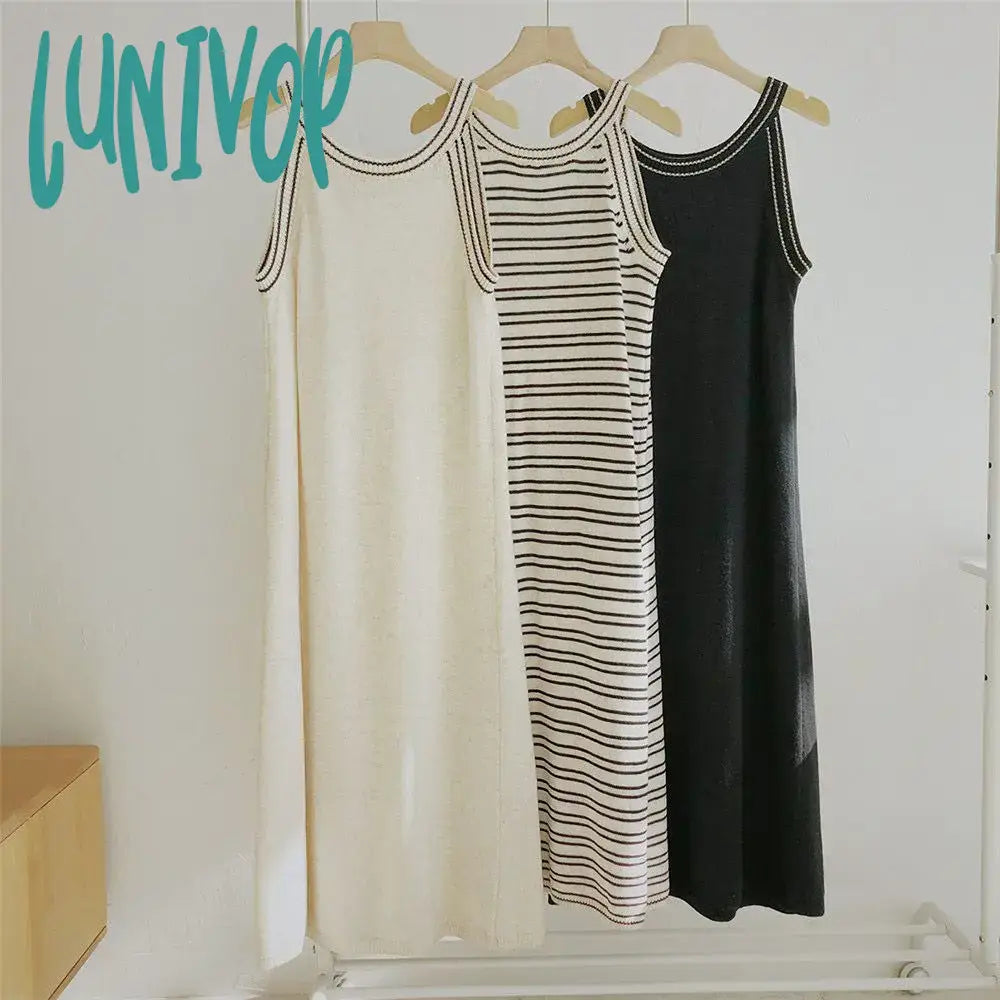 Lunivop Korean Fashion Knitted Dress Women Summer O-Neck Sleeveless Striped Maxi Staight Sweater