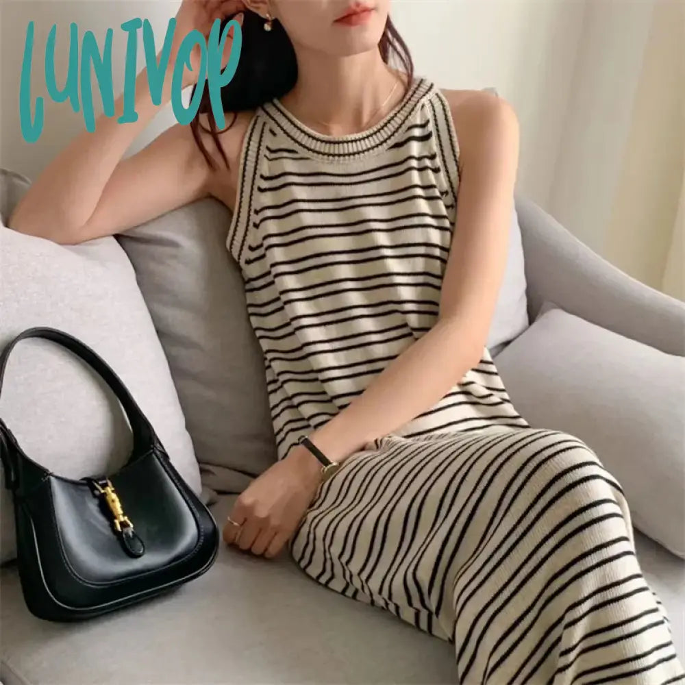 Lunivop Korean Fashion Knitted Dress Women Summer O-Neck Sleeveless Striped Maxi Staight Sweater