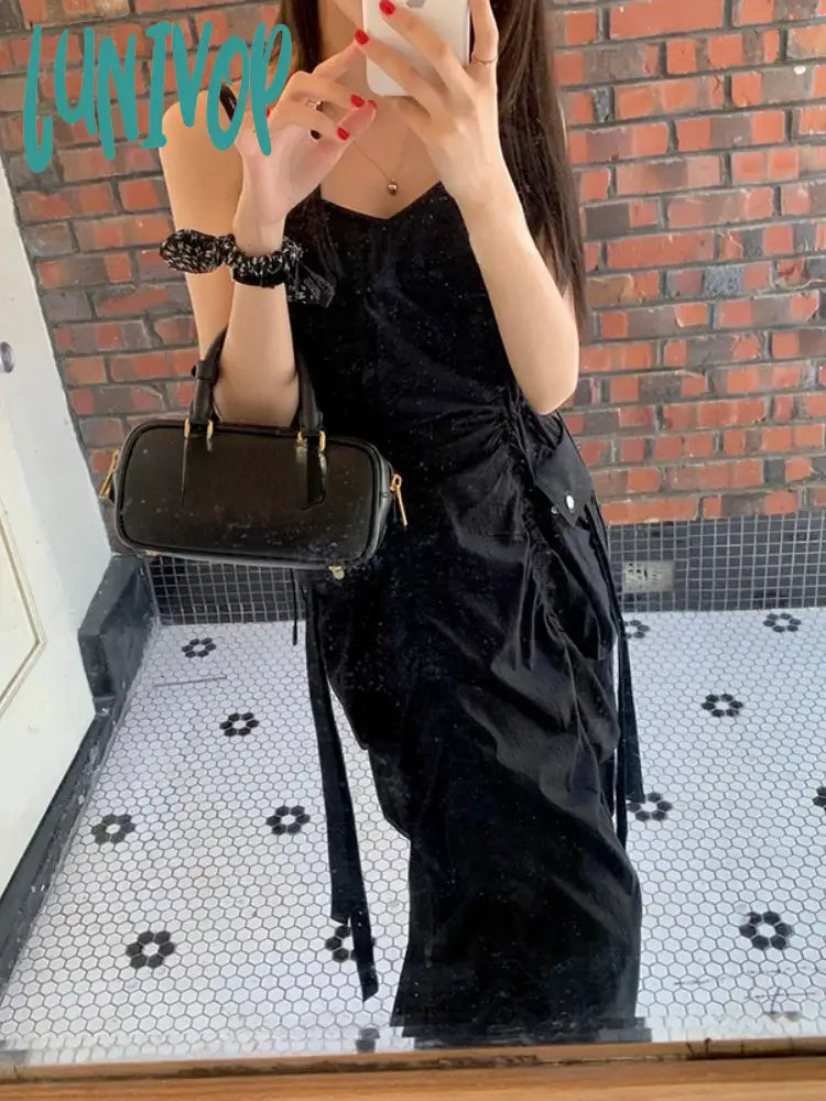 Lunivop Korean Fashion New Summer Dress Women Pleated Design Large Pockets Waisted Midi Female
