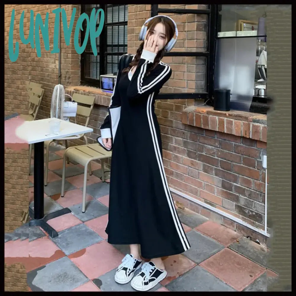 Lunivop Korean Fashion Striped V-Neck Long Sleeve Dress Women Autumn Casual Loose Pacthwork Dresses