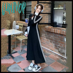 Lunivop Korean Fashion Striped V-Neck Long Sleeve Dress Women Autumn Casual Loose Pacthwork Dresses