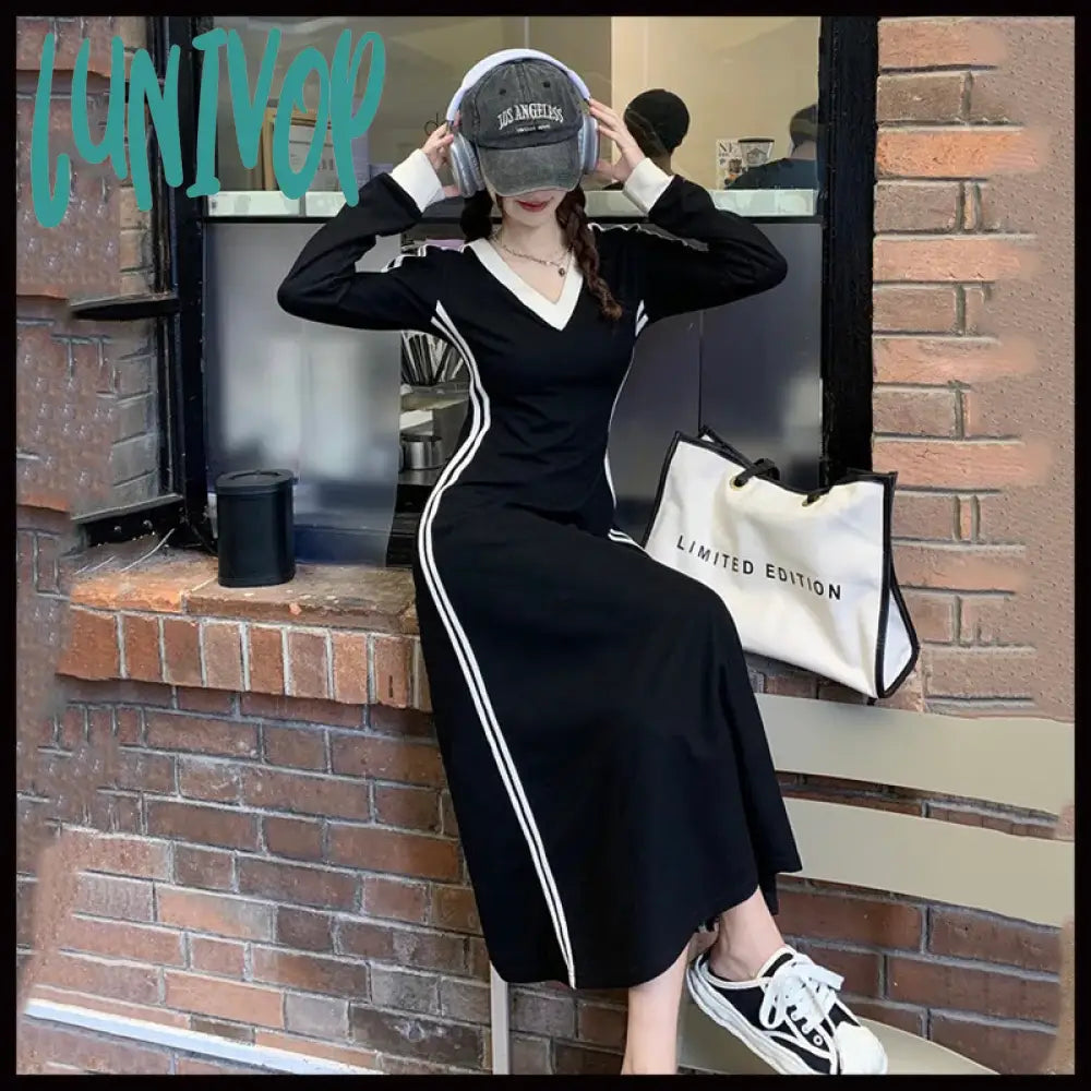 Lunivop Korean Fashion Striped V-Neck Long Sleeve Dress Women Autumn Casual Loose Pacthwork Dresses