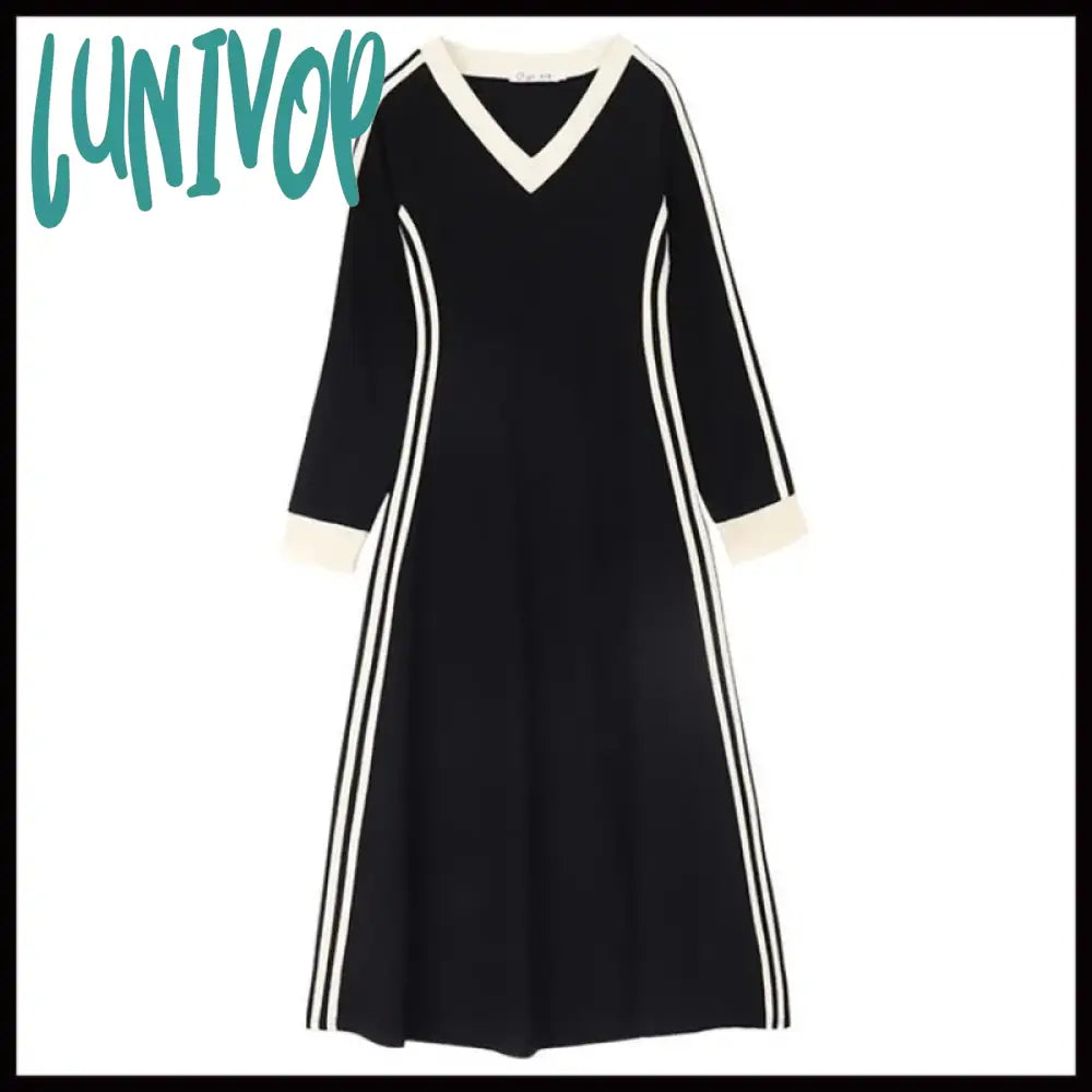 Lunivop Korean Fashion Striped V-Neck Long Sleeve Dress Women Autumn Casual Loose Pacthwork Dresses