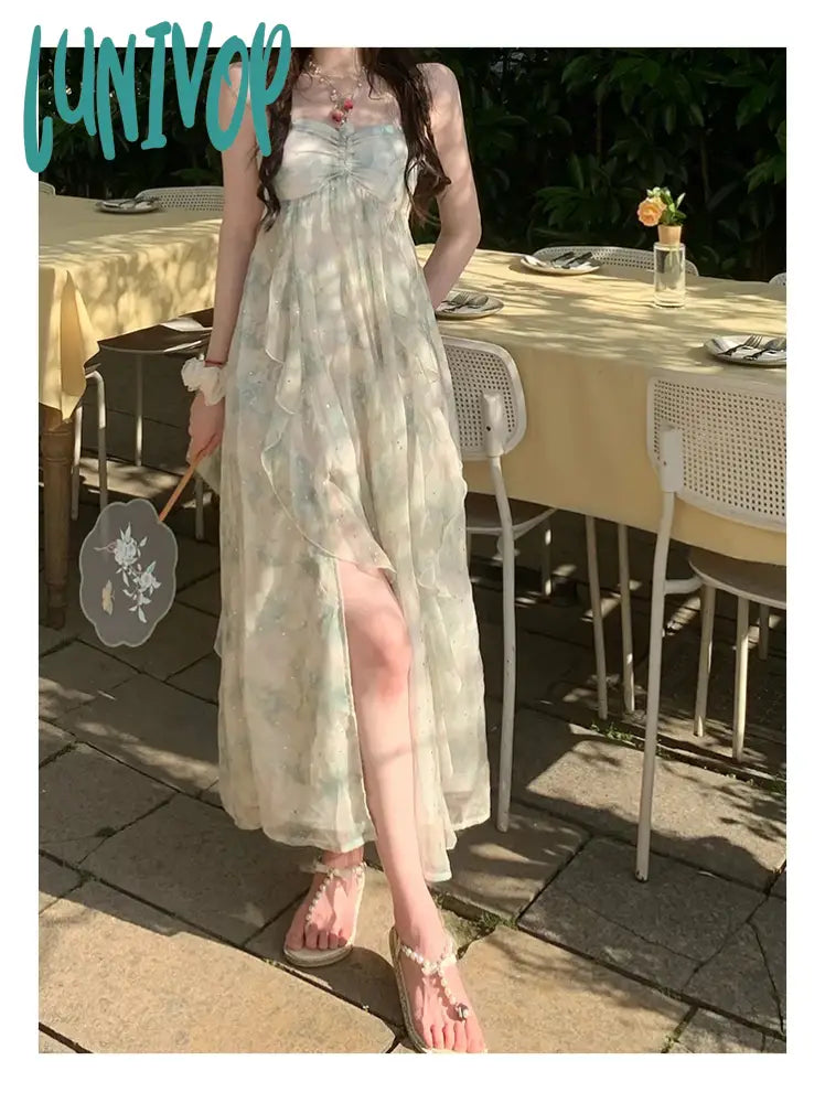 Lunivop Korean Fashion Summer Chiffon French Elegant Midi Dress Women Beach Style Sexy Strap Party