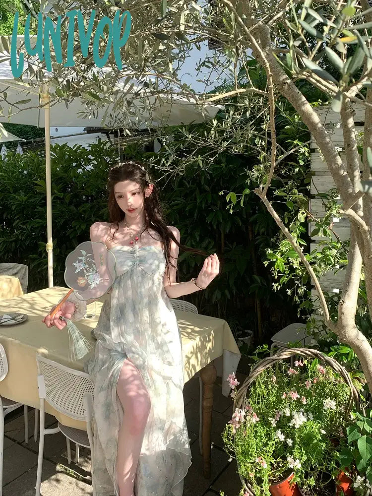 Lunivop Korean Fashion Summer Chiffon French Elegant Midi Dress Women Beach Style Sexy Strap Party