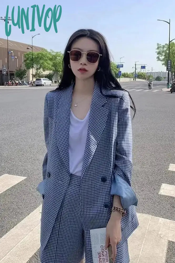 Lunivop Korean Fashion Two Pieces Blazer And Shorts Set For Women Long Sleeve Blue Plaid Jacket