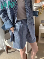 Lunivop Korean Fashion Two Pieces Blazer And Shorts Set For Women Long Sleeve Blue Plaid Jacket