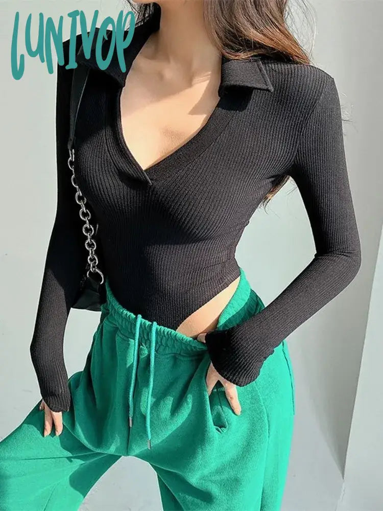 Lunivop Korean Fashion V Neck T Shirts Women Vintage Aesthetic Kpop Jumpsuit Tops Slim Basic Solid