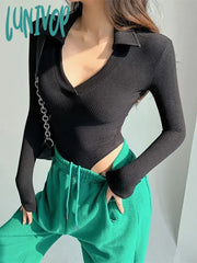 Lunivop Korean Fashion V Neck T Shirts Women Vintage Aesthetic Kpop Jumpsuit Tops Slim Basic Solid