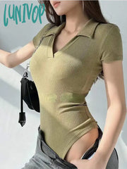 Lunivop Korean Fashion V Neck T Shirts Women Vintage Aesthetic Kpop Jumpsuit Tops Slim Basic Solid