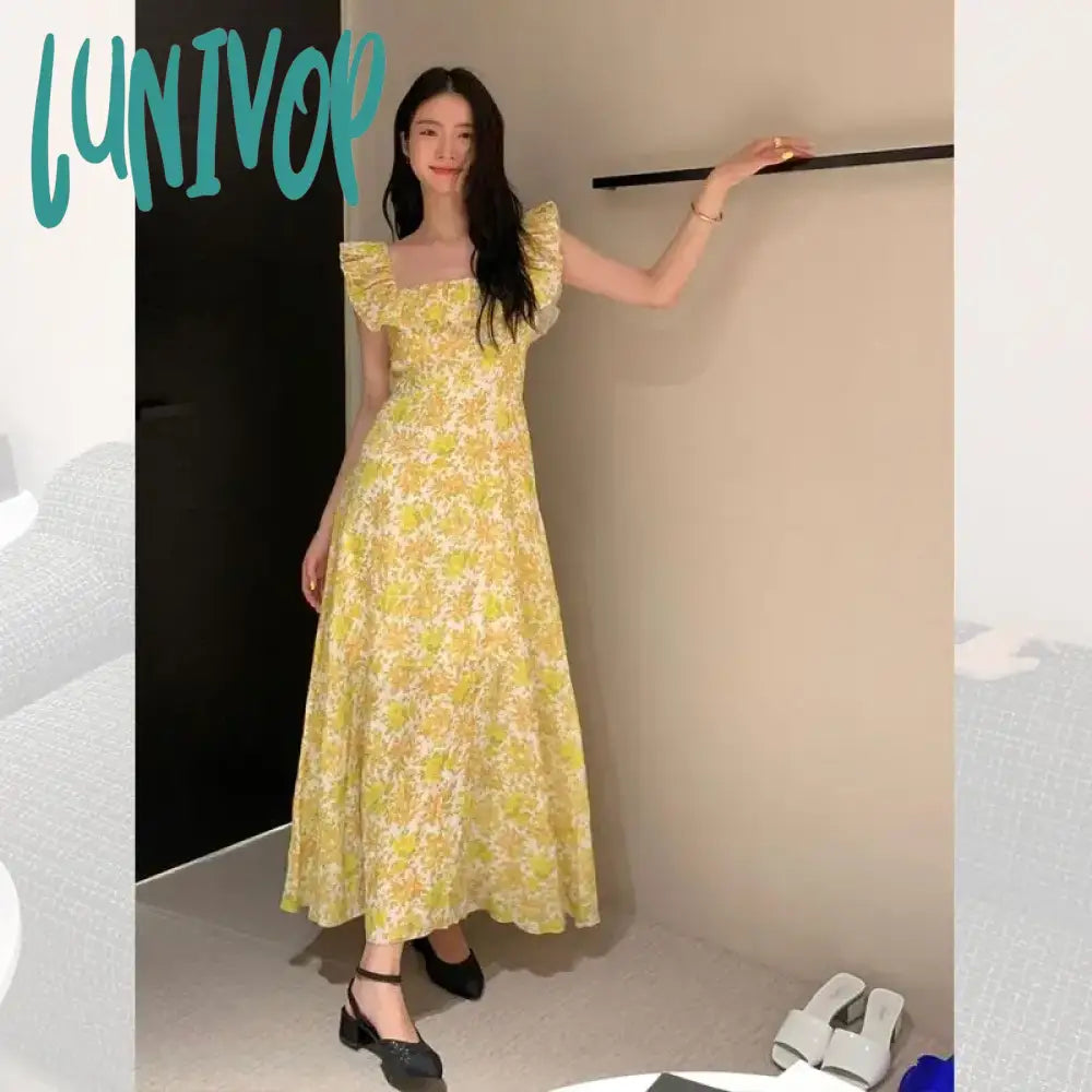 Lunivop Korean Fashion Yellow Floral Long Dress Women’s Summer Flying Sleeves Square Neck Maxi