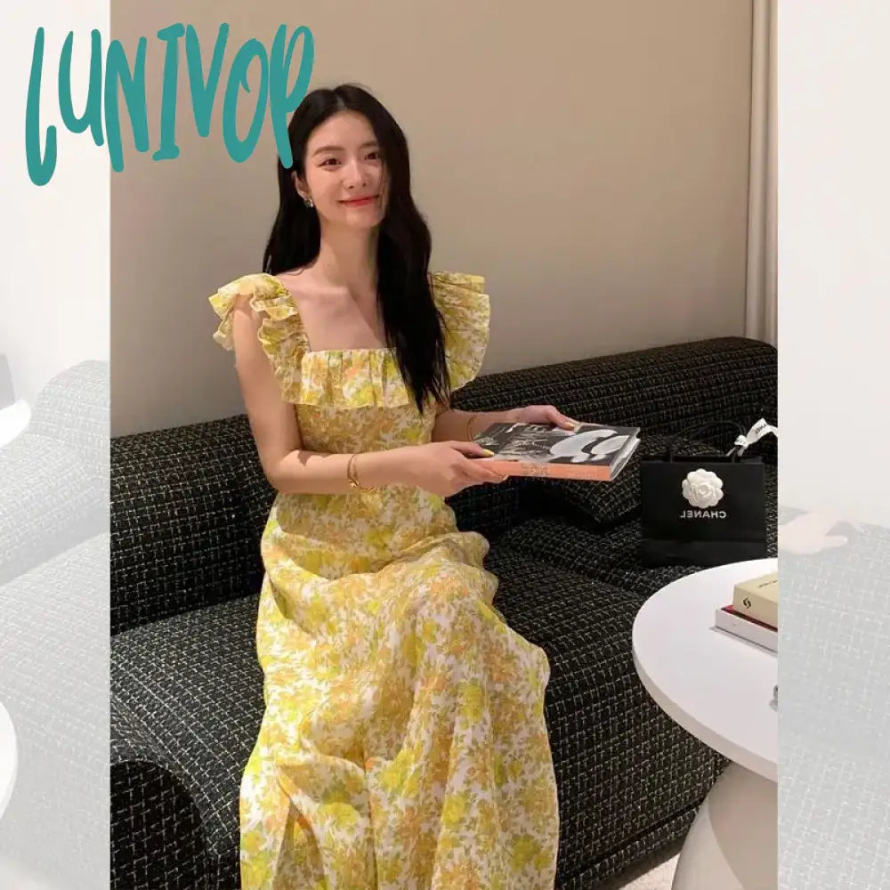 Lunivop Korean Fashion Yellow Floral Long Dress Women’s Summer Flying Sleeves Square Neck Maxi