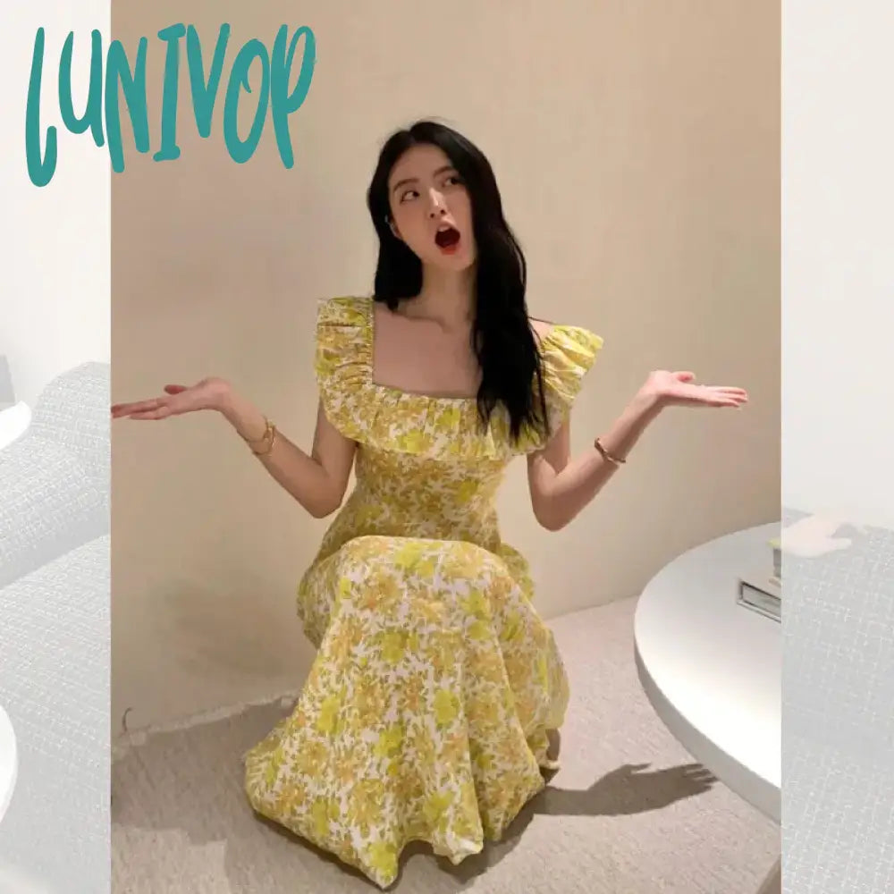 Lunivop Korean Fashion Yellow Floral Long Dress Women’s Summer Flying Sleeves Square Neck Maxi