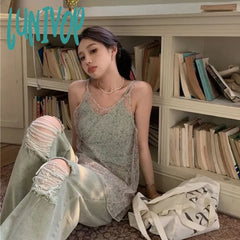 Lunivop Korean Fresh Fairycore Flower Print Mesh Camisole + 2024 Summer Sexy Slim Fit Vest For