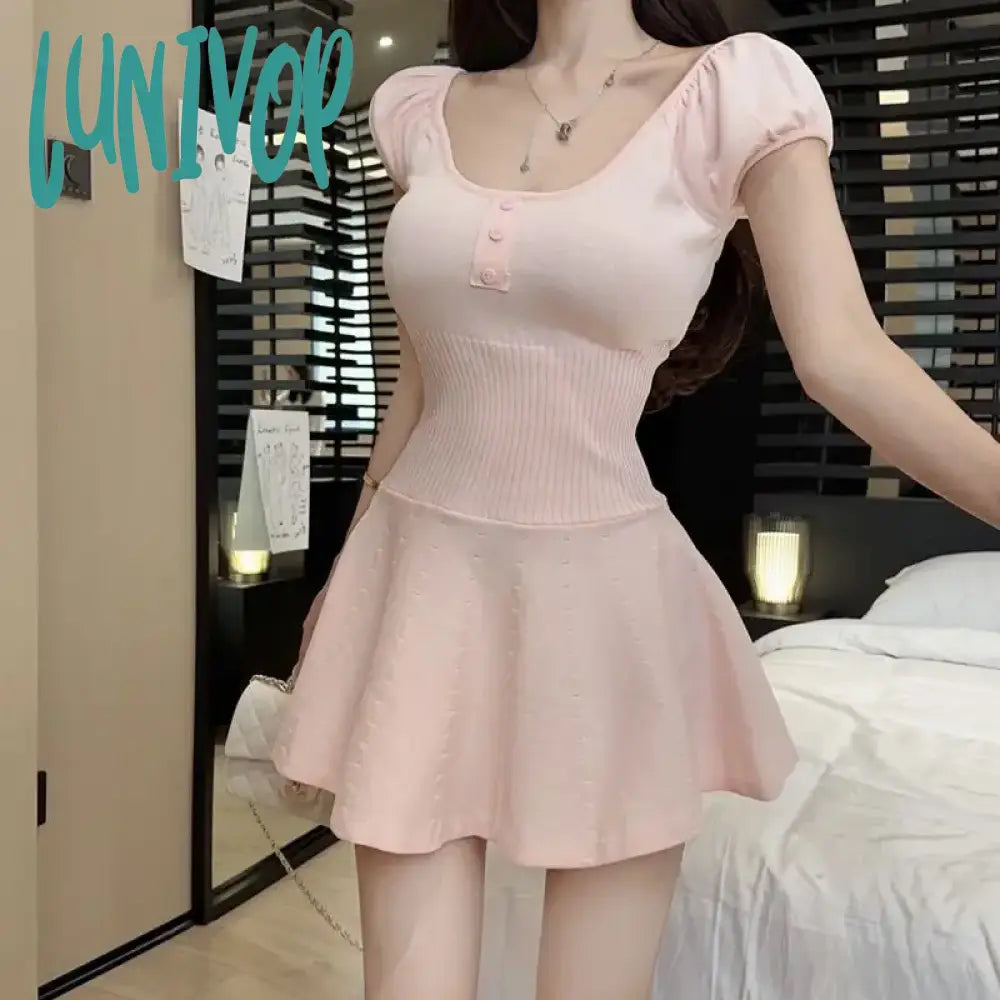 Lunivop Korean Hotsweet Kawaii Y2K Short Puff Sleeve Scoop Neck Knitted Mini Dress Cute Girl