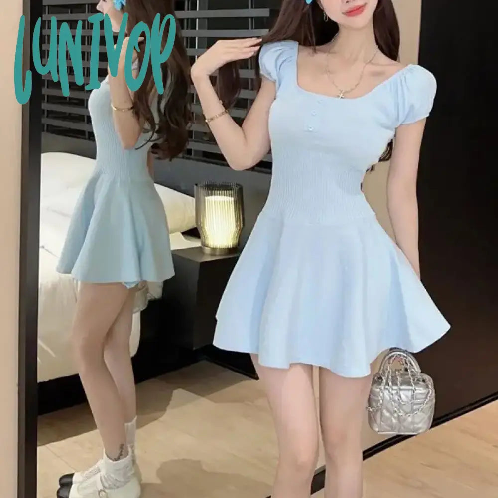 Lunivop Korean Hotsweet Kawaii Y2K Short Puff Sleeve Scoop Neck Knitted Mini Dress Cute Girl