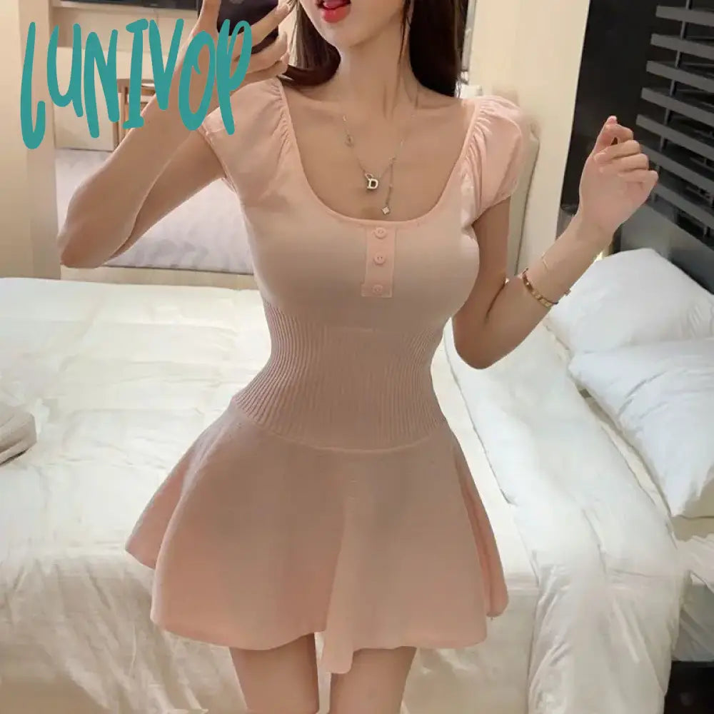 Lunivop Korean Hotsweet Kawaii Y2K Short Puff Sleeve Scoop Neck Knitted Mini Dress Cute Girl