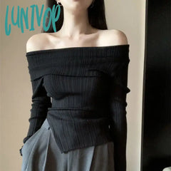 Lunivop Korean Off Shoulder Long Sleeve T Shirt Women Spring Casual Elegant Irregular Pullover Tops