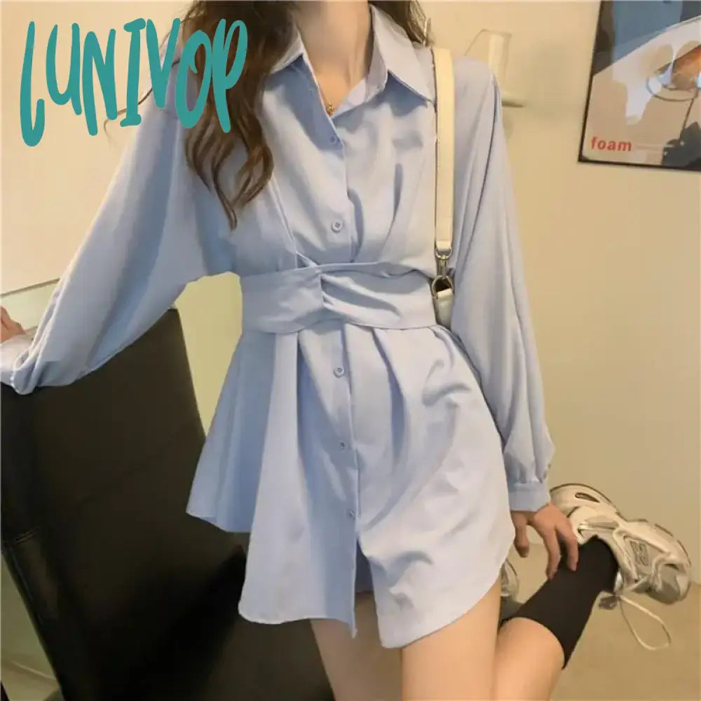 Lunivop Korean One Piece White Shirt Dress Women Office Ladies Elegant Tunic Blouse Dresses