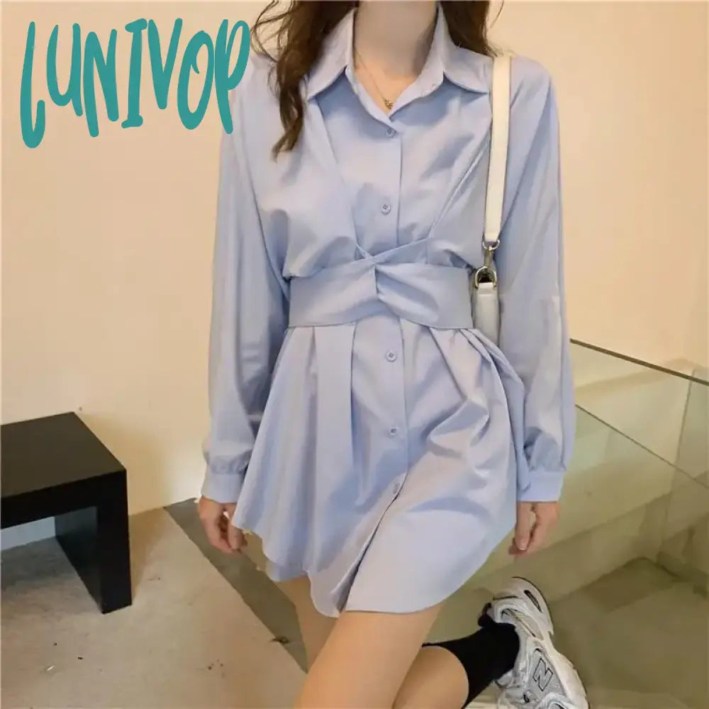 Lunivop Korean One Piece White Shirt Dress Women Office Ladies Elegant Tunic Blouse Dresses