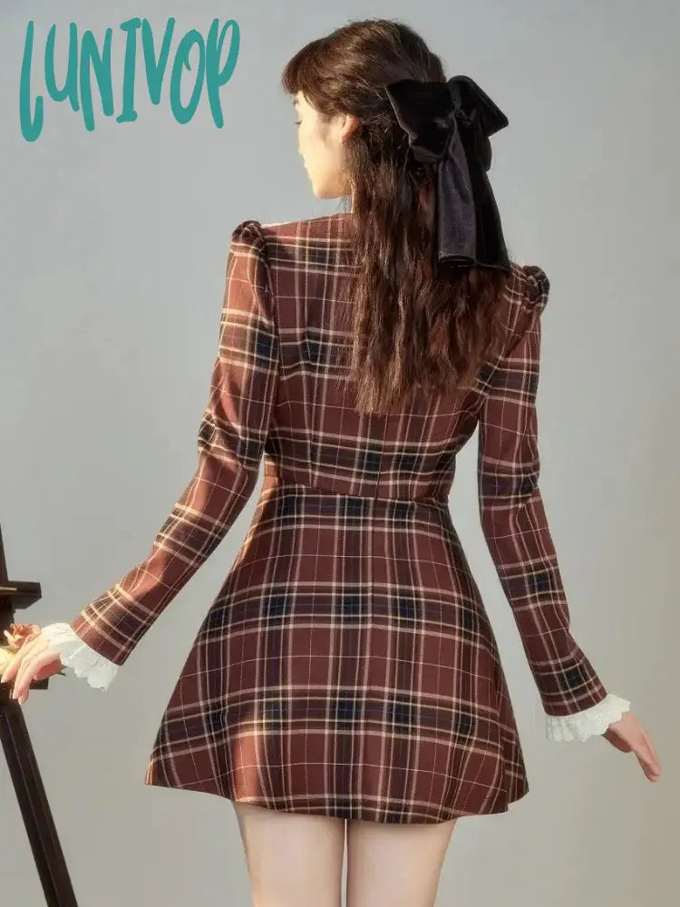 Lunivop Korean Preppy Style Mini Plaid Dress Women Vintage One Piece Dresses Y2K Jk Uniform Long