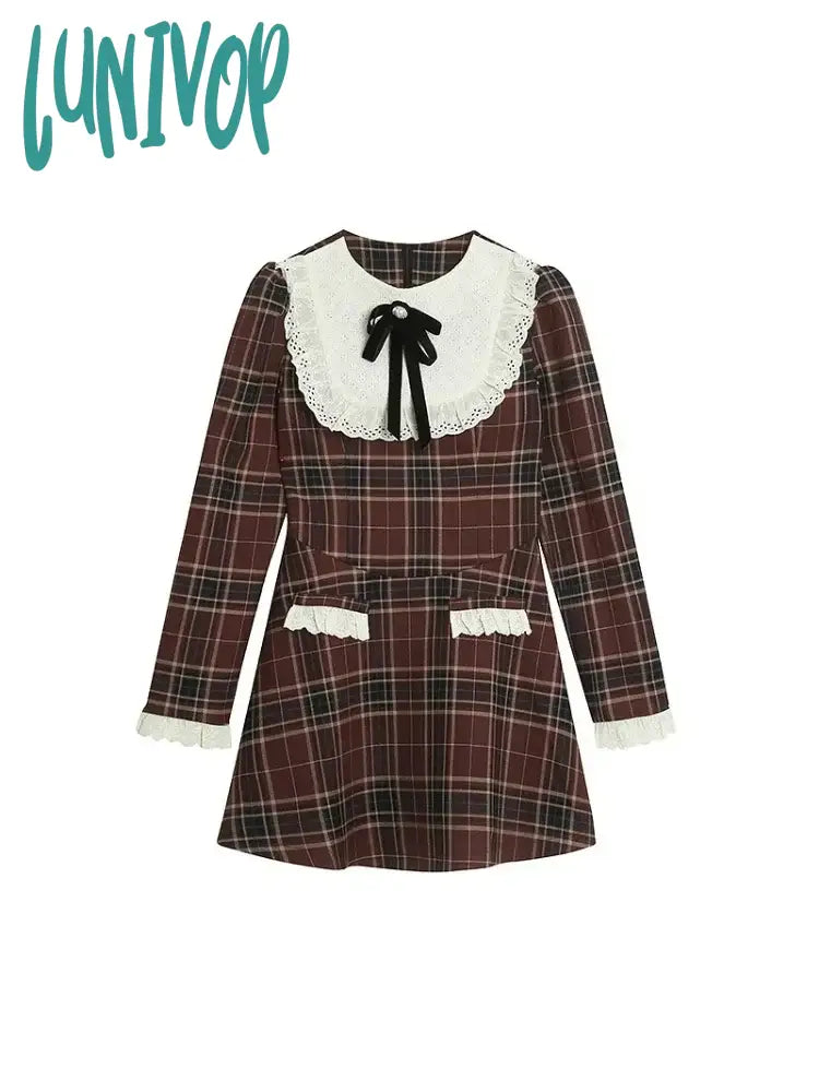 Lunivop Korean Preppy Style Mini Plaid Dress Women Vintage One Piece Dresses Y2K Jk Uniform Long