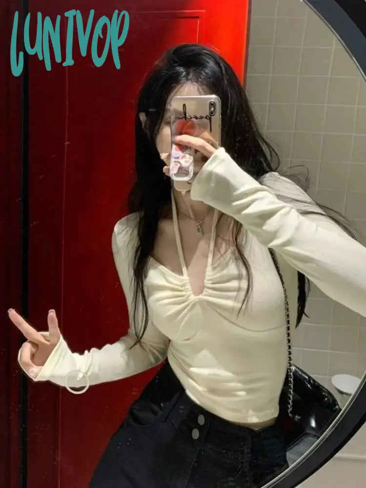 Lunivop Korean Sexy T Shirt Women Vintage Streetwear Solid Bandage Top Harajuku Fairycore Shirts