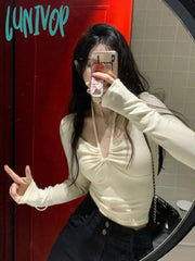 Lunivop Korean Sexy T Shirt Women Vintage Streetwear Solid Bandage Top Harajuku Fairycore Shirts