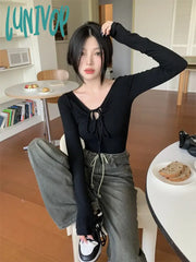 Lunivop Korean Sexy T Shirt Women Vintage Streetwear Solid Bandage Top Harajuku Fairycore Shirts