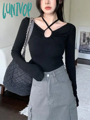 Lunivop Korean Sexy T Shirt Women Vintage Streetwear Solid Bandage Top Harajuku Fairycore Shirts