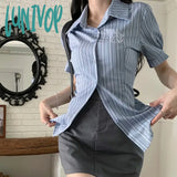Lunivop Korean Slim Striped Shirt Women Casual Preppy Style Short Sleeve Blouse Summer All Match