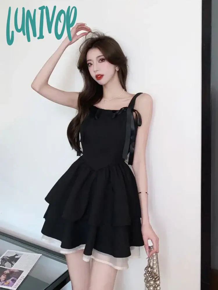 Lunivop Korean Style Black Corset Dress Women Fairycore Cute Mini Lolita Dresses Y2K Ribbon Folds