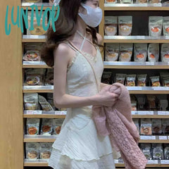 Lunivop Korean Style Fairycore Beige Mini Dress Women Y2K One Piece Tunic Halter Dresses Sweet