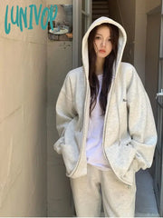 Lunivop Korean Style Oversized Hoodies Women Harajuku Kpop Zip Up Hooded Sweatshirts Solid Grey