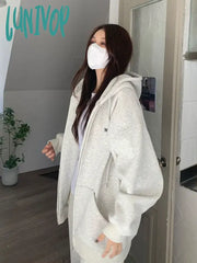 Lunivop Korean Style Oversized Hoodies Women Harajuku Kpop Zip Up Hooded Sweatshirts Solid Grey