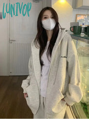 Lunivop Korean Style Oversized Hoodies Women Harajuku Kpop Zip Up Hooded Sweatshirts Solid Grey