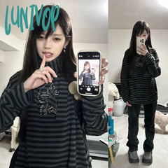Lunivop Korean Style Star Patched Striped Long Sleeve T-Shirt Fashion Oversized Grunge Loose Tee