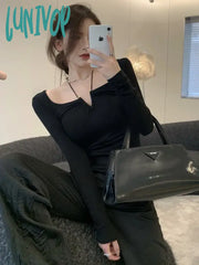 Lunivop Korean Style V Neck T Shirts Women Vintage Basic Bandage Crop Tees Female Sexy Solid Color