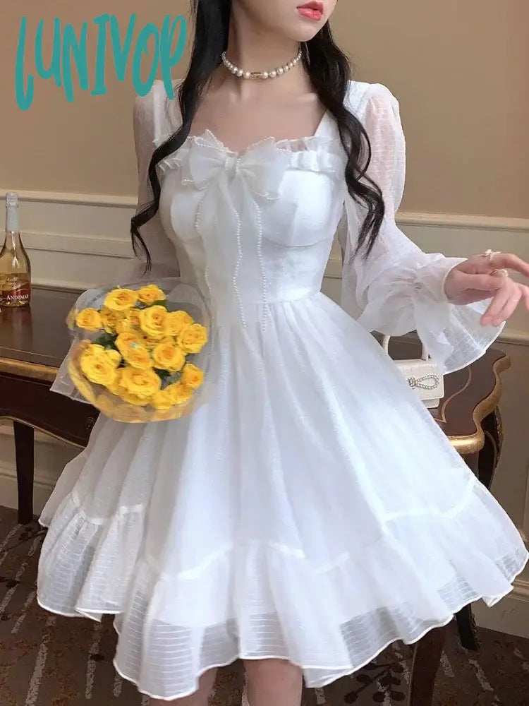 Lunivop Korean Style White Lolita Dress Women Prom Gown Y2K Fairycore Ruffles Bow Long Flare Sleeve